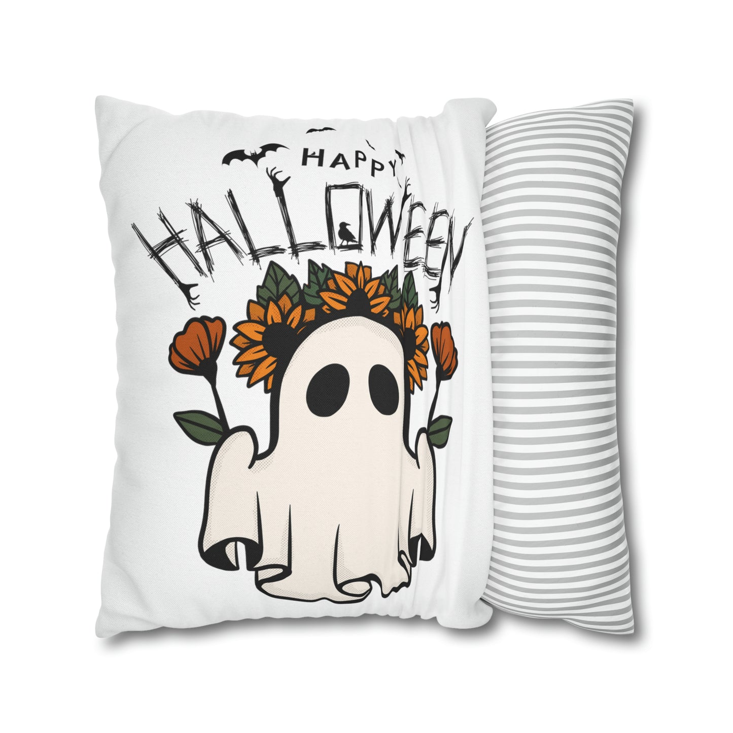 Funda de almohada cuadrada de poliéster hilado - Halloween - Pequeño fantasma - 01/03