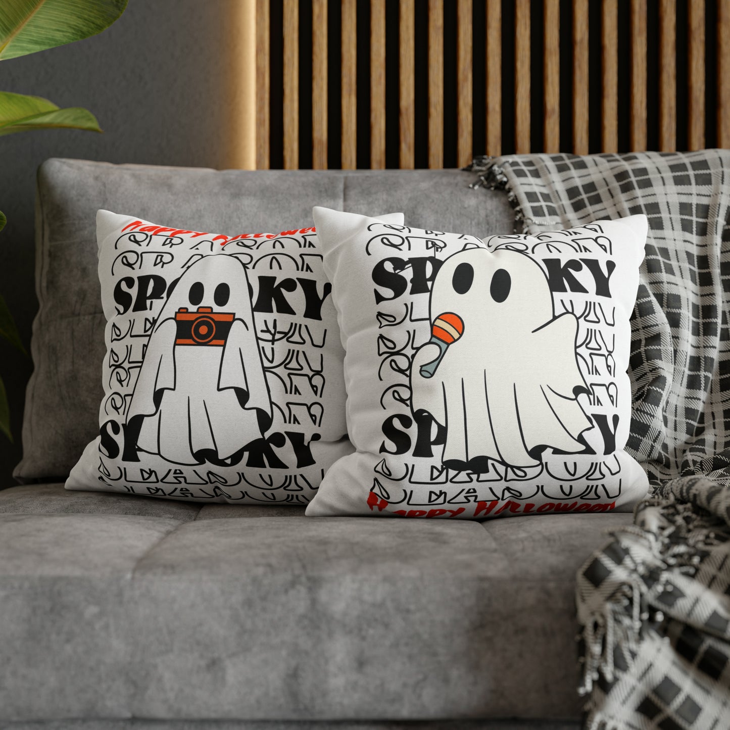 Funda de almohada cuadrada de poliéster hilado - Halloween - Pequeño fantasma - 08/06