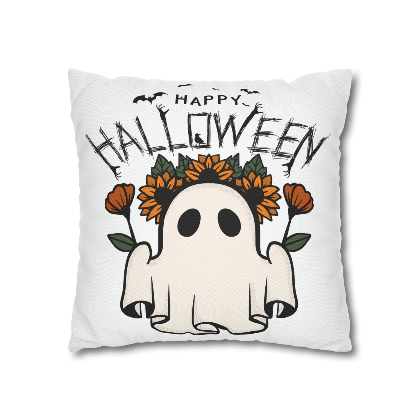 Funda de almohada cuadrada de poliéster hilado - Halloween - Pequeño fantasma - 01/03