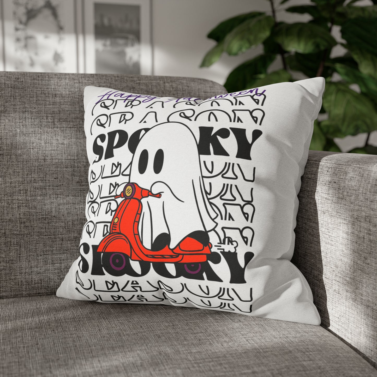 Funda de almohada cuadrada de poliéster hilado - Halloween - Pequeño fantasma - 09/04