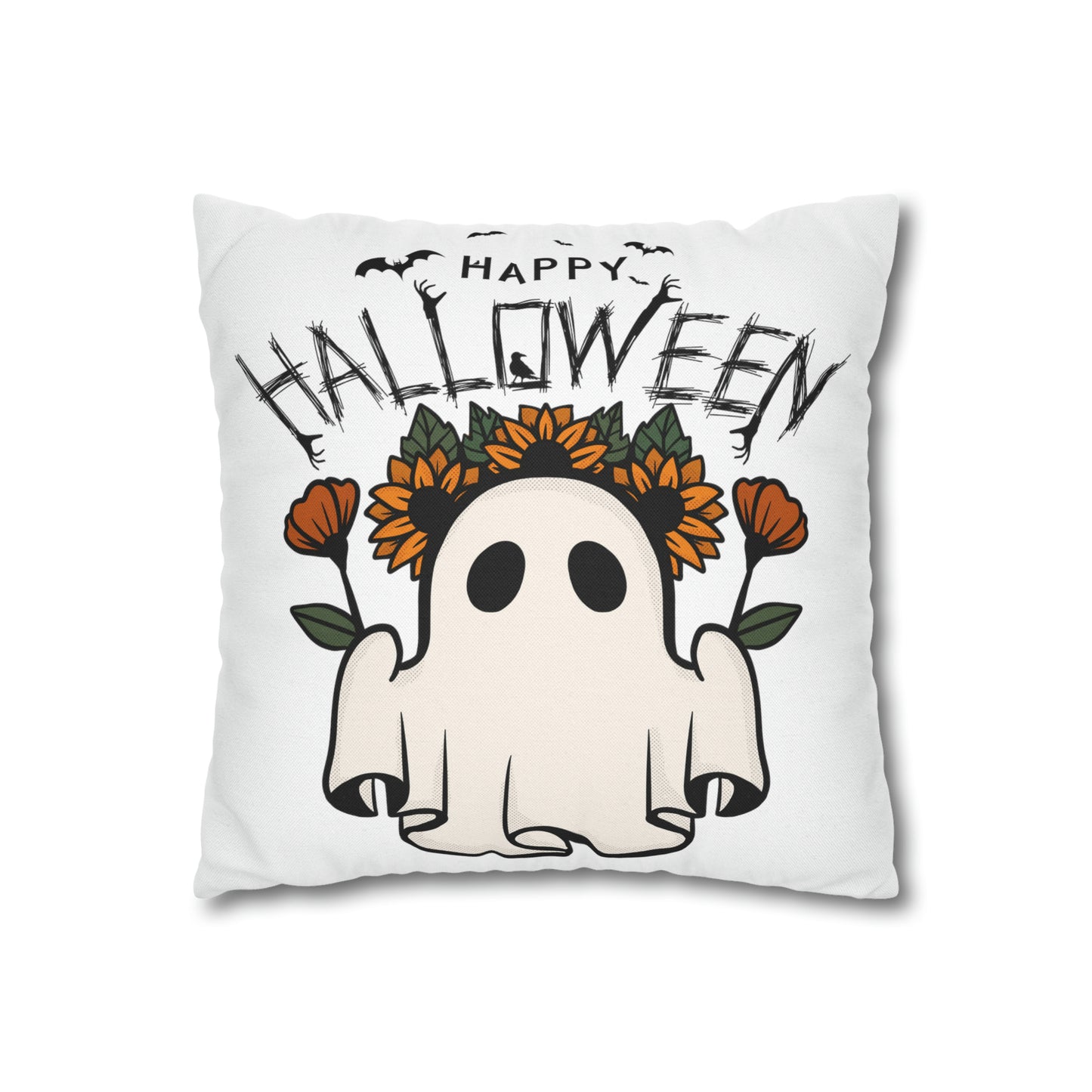 Funda de almohada cuadrada de poliéster hilado - Halloween - Pequeño fantasma - 01/03