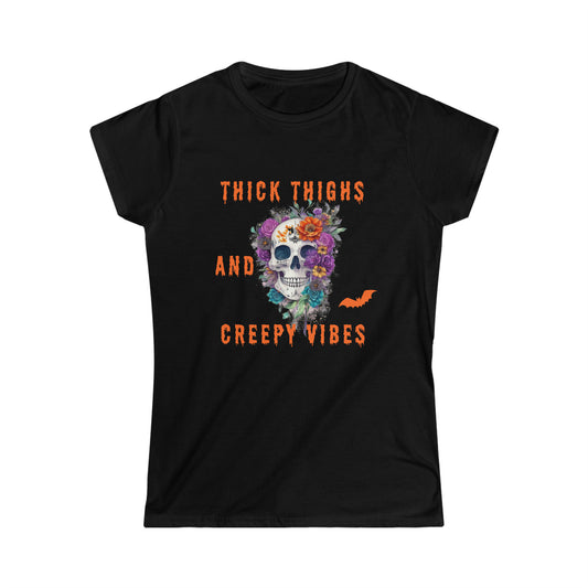 Women's Softstyle Tee - Halloween Skull and flowers